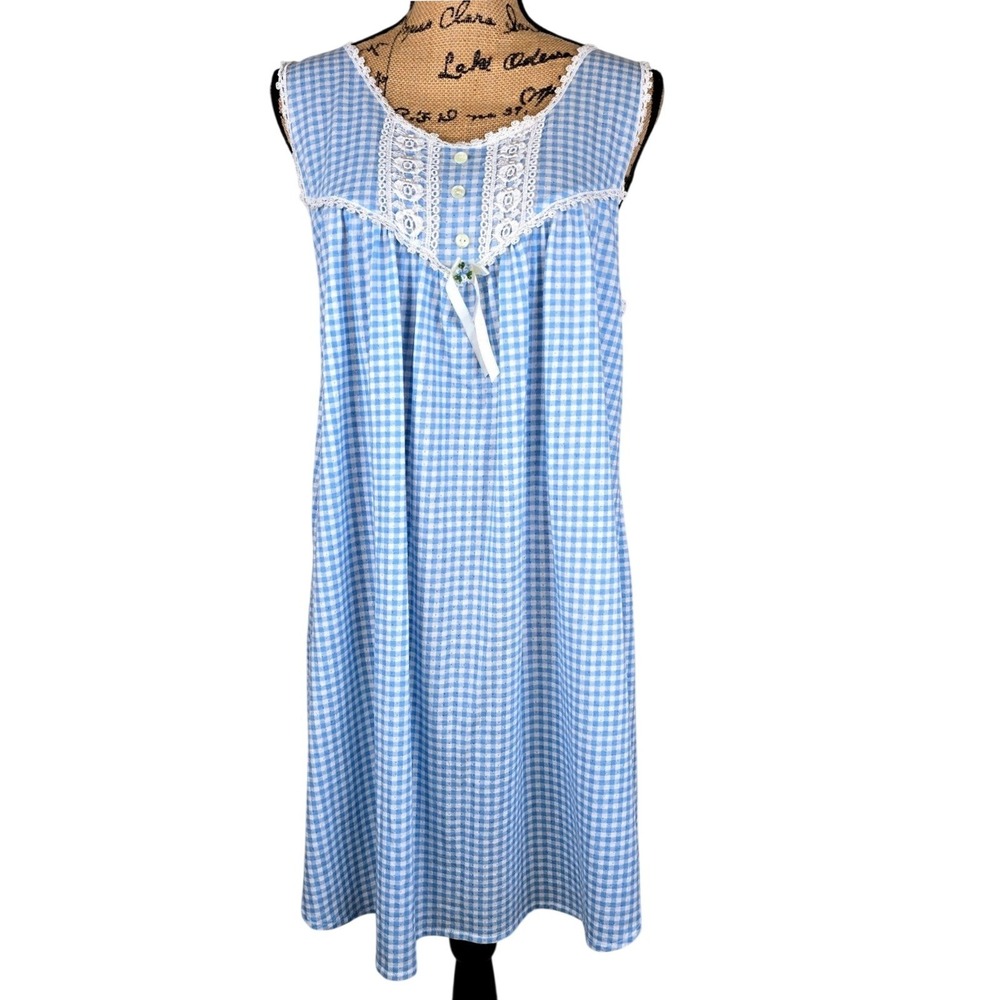 Basic Editions Womens Nightgown Gingham Check Lace Trim Blue‎ Extra Large